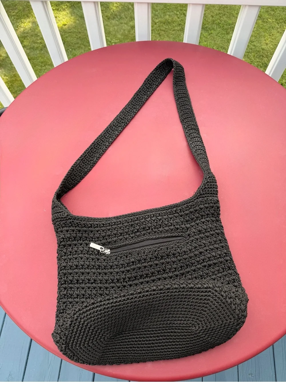 The Sak Black Crochet Hobo Shoulder Bag with Front Zip